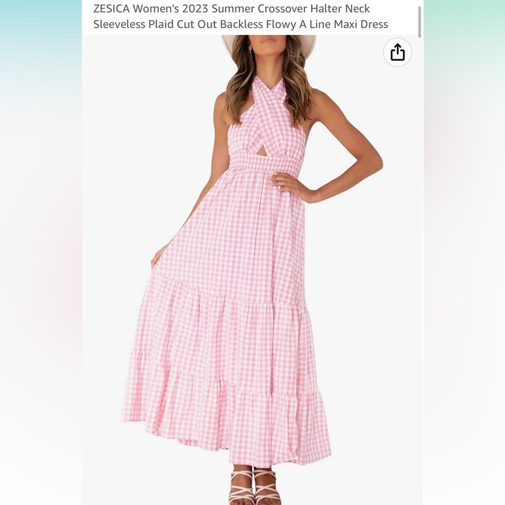NWT ZESICA Women’s 2023 summer crossover halter neck plaid dress